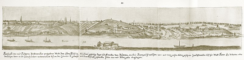 Panorama au crayon d'une ville sur la rive d'une rivière, avec des bâtiments, églises et monastères.