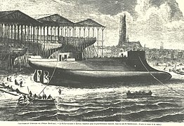 Construction du bélier cuirassé Sphinx au Chantiers et Ateliers de l'Océan, site de Sainte-Croix, 1863.