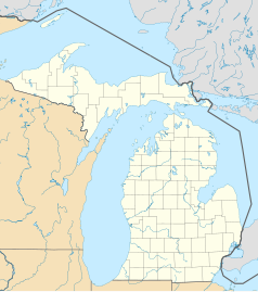 Mapa konturowa Michigan, na dole po prawej znajduje się punkt z opisem „Grosse Pointe Woods”