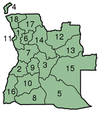 Kort over Angola med provinserne nummereret