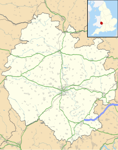 Mapa konturowa Herefordshire, blisko centrum na dole znajduje się punkt z opisem „Katedra w Hereford”