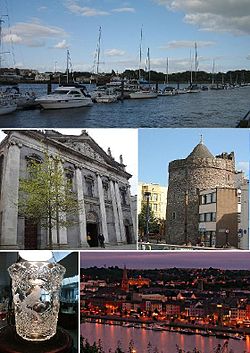 Frae tap, left tae richt: Waterford Marina, Holy Trinity Cathedral, Reginald's Tower, a piece o Waterford Crystal, Waterford City by night.