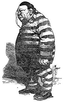 Caricature of a big, heavyset man in a striped convict suit, and wearing a monocle