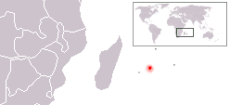 Mapa jihovýchodní Afriky a Indického oceánu, červeně zvýrazněný Mauricius, původní domov dronta