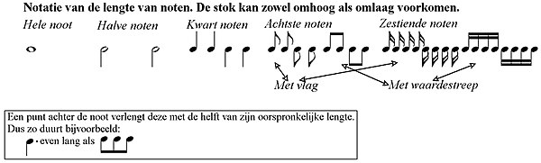 De lengte van noten (hele, halve, kwart, achtste & zestiende noten)