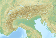 Mapa konturowa Alp, blisko centrum na lewo u góry znajduje się czarny trójkącik z opisem „Titlis”