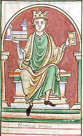 King Henry I of England holding a miniature chapel in one hand and the Domesday Book in another