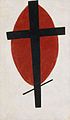Suprematismus (Černý kříž na červeném oválu), 100,5×60 cm, 20. léta, Stedelijk Muzeum, Amsterdam