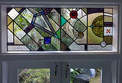 Fanlight to a kitchen, using a wide variety of types of glass. Jeffrey Hamilton, 2021. (by permission of artist)