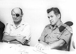 Defence minister Moshe Dayan visited the Arab town of Hebron with the Chief of Staff David Elazar (FL45992756).jpg