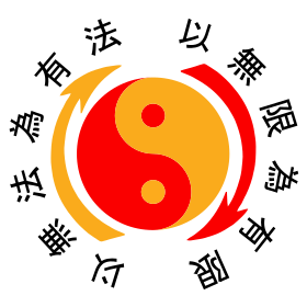 Emblème du jeet kune do. Le taijitu symbolise le concept du yin et yang, et les flèches leurs interactions continuelles. Les caractères signifient : « N'utiliser aucune méthode comme méthode » et « N'avoir aucune limite pour limite ».