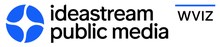 The Ideastream symbol, a circle divided into four pieces by a star shape, in blue. To the right, on two lines, the words "ideastream" and "public media" in black in a rounded sans serif. Next to that, in the upper right, black letters W V I Z with a blue line above them.