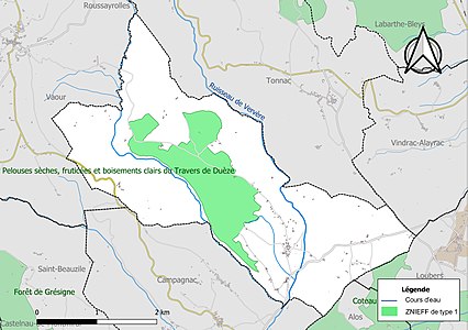 Carte des ZNIEFF de type 1 sur la commune.