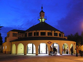 Entrance to station at night.