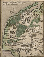 Antiquae Frisiae situs sub Augusto Imperatore, ut fertia. De kaart die Hoppers maakte van Friesland in de Romeinse tijd