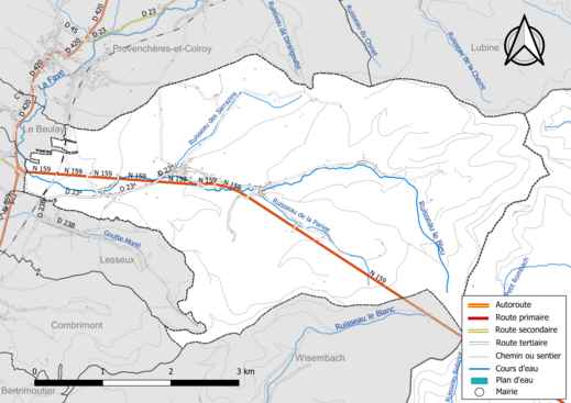 Carte en couleur présentant le réseau hydrographique de la commune