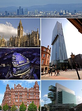 Theo chiều kim đồng hồ từ trên cùng: Quang cảnh trung tâm thành phố Manchester, Tháp Beetham, Trung tâm Tư pháp Dân sự Manchester, Khách sạn Midland, Quảng trường One Angel, Toà thị chính Manchester