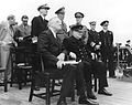 Atlantic Charter Conference: Conference leaders during Church services on the after deck of HMS Prince of Wales, in Placentia Bay, Newfoundland, 10-12 August 1941