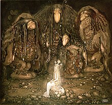 Illustration of three trolls surrounding a princess in a dark area, as adapted from a collection of Swedish fairy tales