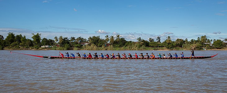 Thirty-five rowers on a long racing pirogue in Laos