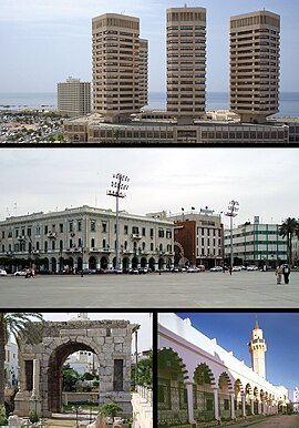 De cima para baixo e da esquerda para a direita: Torres That El Emad; Praça Verde; Arco de Marco Aurélio; Almedina de Trípoli