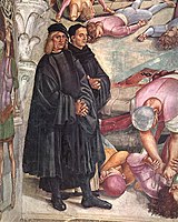 Автопортрет Синьорелли (слева; правее позади: фра Анджелико). Деталь фрески «Страшный суд». Капелла Мадонны ди Сан-Брицио. 1504
