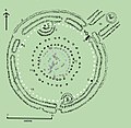 Plan of Stonehenge in 2004. After Cleal et al. and Pitts. Italicised numbers in the text refer to the labels on this plan. Trilithon lintels omitted for clarity. Holes that no longer, or never, contained stones are shown as open circles. Stones visible today are shown coloured
