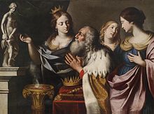 Re Salomone con 3 delle sue numerose mogli. Illustrato nel 1668 da Giovanni Venanzi di Pesaro. Secondo il racconto biblico, Salomone aveva un'ossessione per le donne e si innamorò di molte.