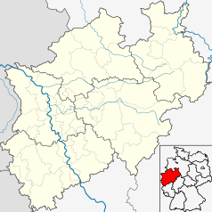 Mapa konturowa Nadrenii Północnej-Westfalii, u góry po prawej znajduje się punkt z opisem „Detmold”