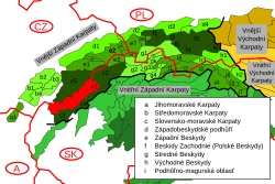 Bílé Karpaty v rámci Vnějších Západních Karpat, vyznačeny červeně