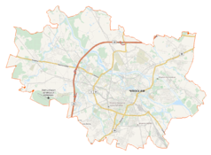 Mapa konturowa Wrocławia, blisko centrum na prawo znajduje się punkt z opisem „Archikatedra św. Jana Chrzciciela we Wrocławiu”