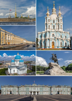 Proti směru hodinových ručiček počínaje obrázkem v pravém horním rohu: Smolenská katedrála, Petropavlovská pevnost, Generální štáb na řece Mojka, Chrám Nejsvětější Trojice, Zimní palác, Měděný jezdec.