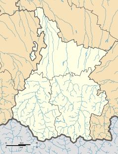 Mapa konturowa Pirenejów Wysokich, u góry znajduje się punkt z opisem „Vic-en-Bigorre”