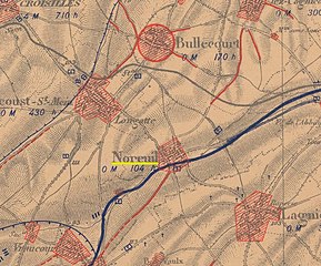 La carte des régions dévastées en 1919 montre que le village est complètement détruit.