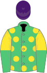 Emerald green, yellow spots, yellow and emerald green halved sleeves, purple cap