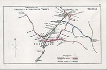 Railway Clearing House map showing the Wadsley Bridge to Sheffield Victoria section of the route