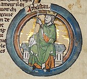Une miniature aux couleurs plus ternes représentant le roi assis et tourné vers la gauche, le sceptre à la main