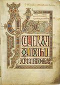 Folio 27r daripada Gospel Lindisfarne; abad ke-8; pustaka Cotton (British, London).