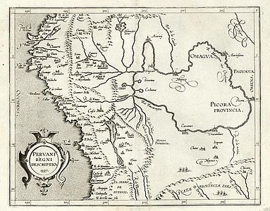 Karte Perus aus dem ersten gedruckten Amerika-Atlas von C. Wytfliet (1597). Cuʃco ist mit langem s geschrieben.