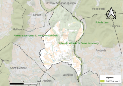 Carte de la ZNIEFF de type 2 sur la commune.