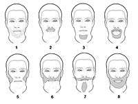 Noms de plusieurs coupes classiques de barbe. 1 : la barbe de trois jours, 2 : la moustache, 3 : la barbiche, 4 : le bouc, 5 : les favoris, 6 : la Souvarov, 7 : l'impériale, 8 : barbe complète.