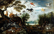 Barevná malba krajiny se zeleným porostem; scenérie je plná pestrobarevných ptáků rozprostřených po obraze – stojí na zemi nebo letí po obloze a v levé horní části obrazu na vršku pod stromem odpočívá ležící zvěř; v dolním levém rohu se krčí dronte