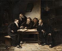 Escena jueva II és una pintura que mostra els talmudistes conversant sobre el sentit d'un passatge talmúdic.