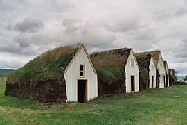 Vista frontal d'una casa islandesa feta amb torba