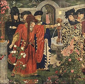 Trhání červených a bílých růží v zahradách, alegorická freska Henryho Payne, 1910
