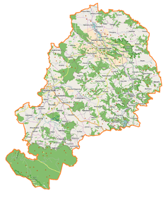 Mapa konturowa powiatu lwóweckiego, w centrum znajduje się punkt z opisem „Lubomierz”