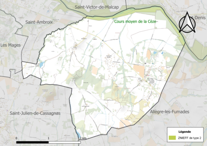 Carte de la ZNIEFF de type 2 sur la commune.