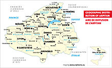Les régions historiques de l'aire linguistique francoprovençale, avec toponymie en francoprovençal.
