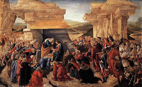 Sandro Botticelli Adorado de la Magiistoj, 108 x 173 cm.