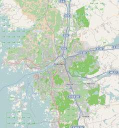 Mapa konturowa Göteborga, w centrum znajduje się punkt z opisem „Ullevi”